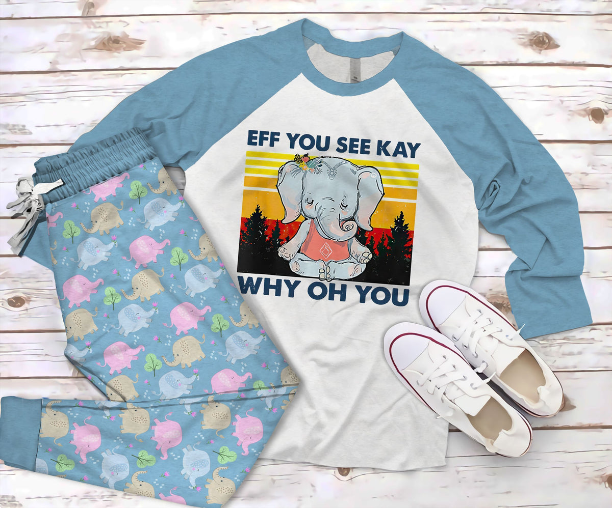 Elephant Funny Quote Blue Nice Pajama Set |Sleepwear Pjs Sets | Raglan Shirt Pants Set