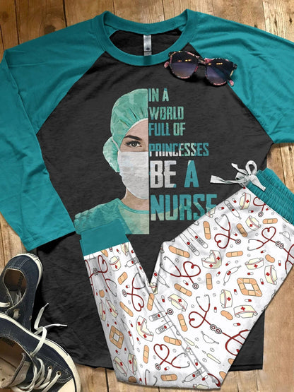 Nurse Be A Nurse Teal Awesome Pajama Set |Sleepwear Pjs Sets | Raglan Shirt Pants Set