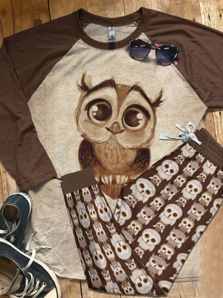Owl Cute Little Owls Brown Amazing Pajama Set |Sleepwear Pjs Sets | Raglan Shirt Pants Set