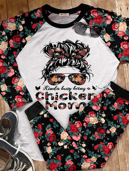 Kinda Busy Being A Chicken Mom Set Family Colors Pajama Set |Sleepwear Pjs Sets | Raglan Shirt Pants Set