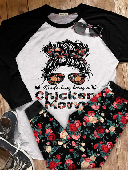 Kinda Busy Being A Chicken Mom Set Family Colors Pajama Set |Sleepwear Pjs Sets | Raglan Shirt Pants Set