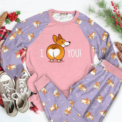 Corgi I Heart You Purple Good Quality Pajama Set |Sleepwear Pjs Sets | Raglan Shirt Pants Set