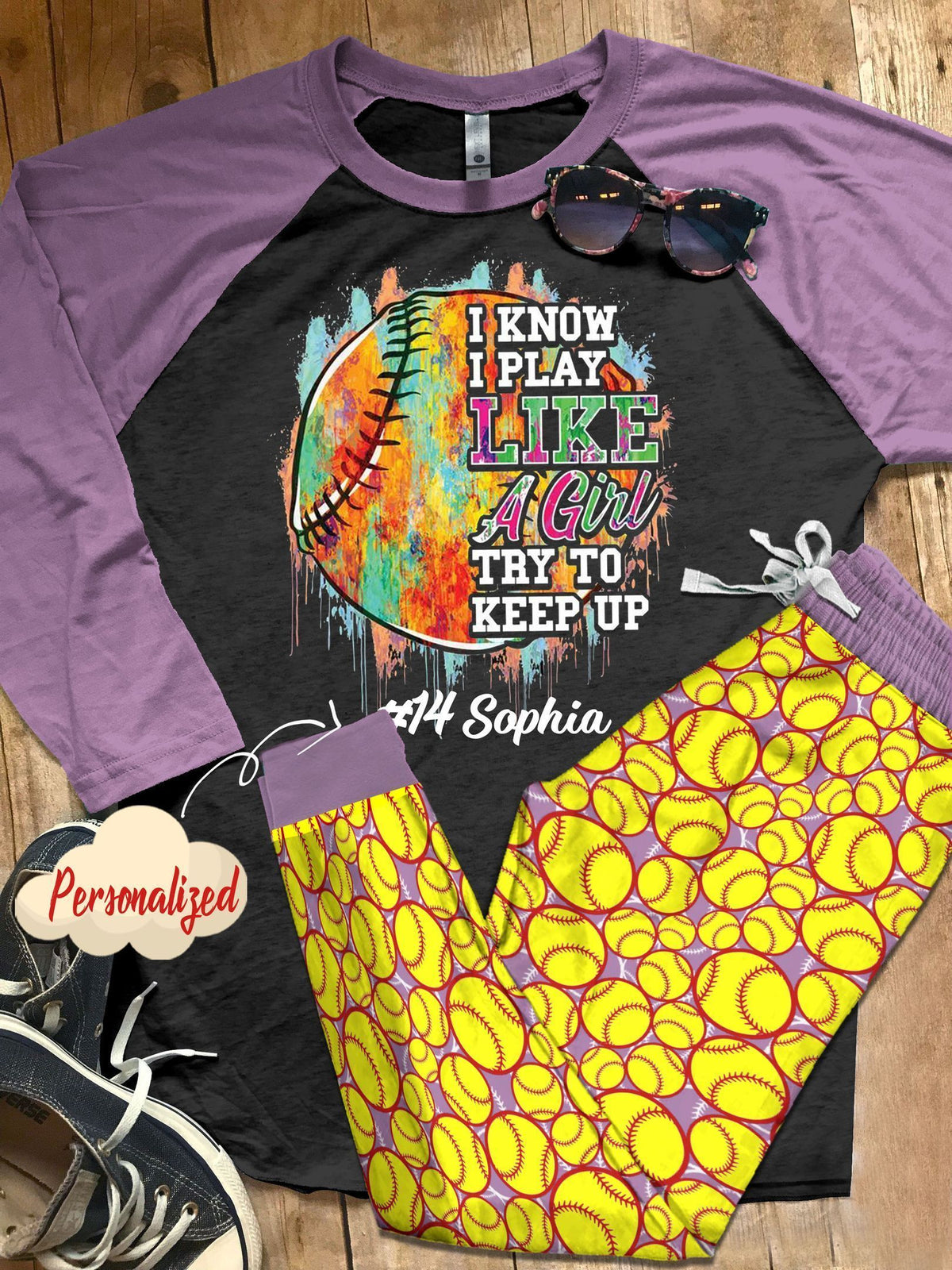 Softball Personalized Purple High Quality Pajama Set |Sleepwear Pjs Sets | Raglan Shirt Pants Set