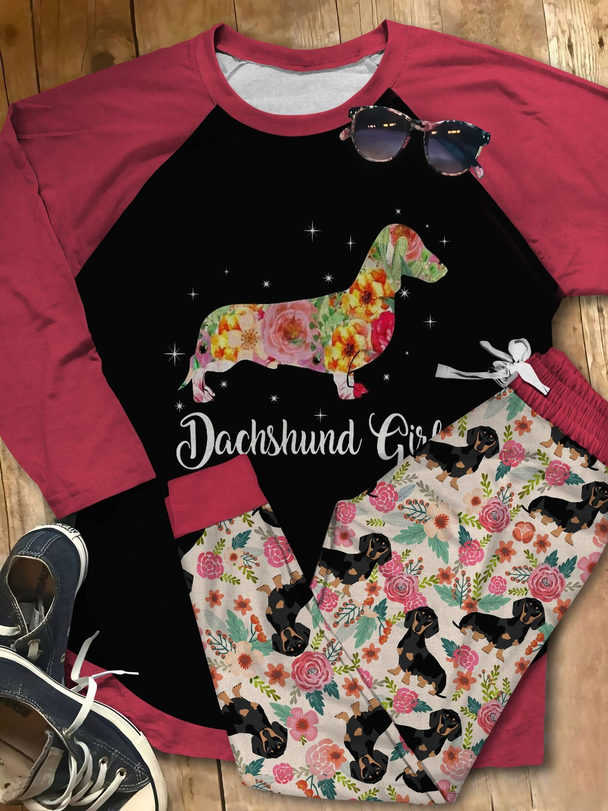 Dachshund Dachshund Girl Pajama Set |Sleepwear Pjs Sets | Raglan Shirt Pants Set