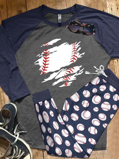 Baseball Purple Unique Pajama Set |Sleepwear Pjs Sets | Raglan Shirt Pants Set
