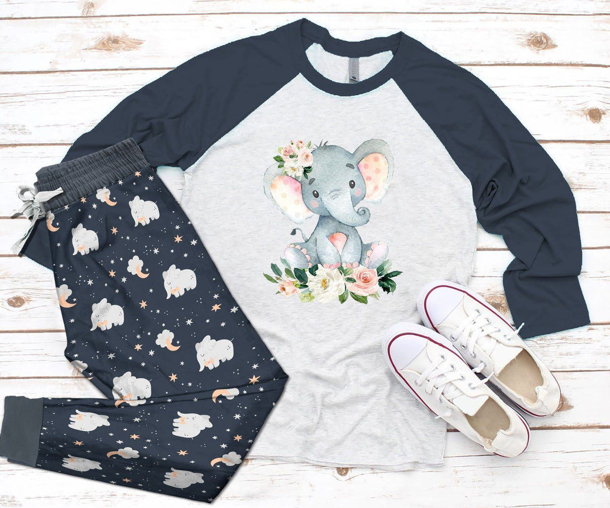 Elephant Floral Baby Elephant Navy Awesome Pajama Set |Sleepwear Pjs Sets | Raglan Shirt Pants Set