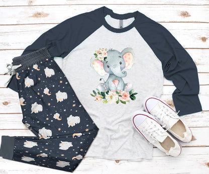 Elephant Floral Baby Elephant Navy Awesome Pajama Set |Sleepwear Pjs Sets | Raglan Shirt Pants Set