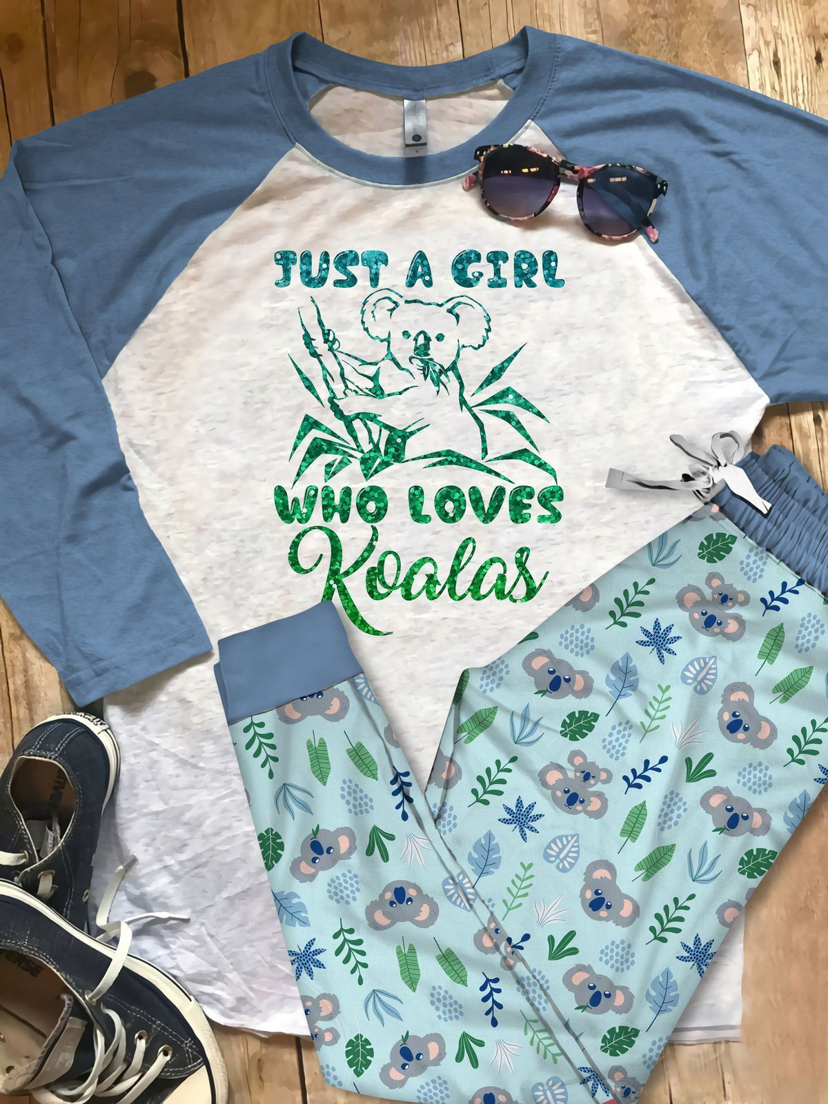Koala Just A Girl Blue Awesome Pajama Set |Sleepwear Pjs Sets | Raglan Shirt Pants Set