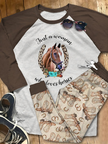 Horse Just A Women Who Loves Horse Brown Unique Pajama Set |Sleepwear Pjs Sets | Raglan Shirt Pants Set