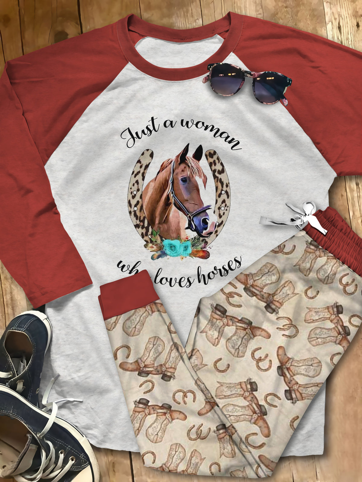 Horse Just A Women Who Loves Horse Brown Unique Pajama Set |Sleepwear Pjs Sets | Raglan Shirt Pants Set