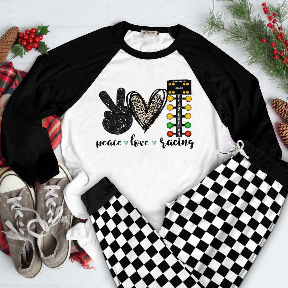 Drag Racing Set Peace Love Drag Racing Pajama Set |Sleepwear Pjs Sets | Raglan Shirt Pants Set