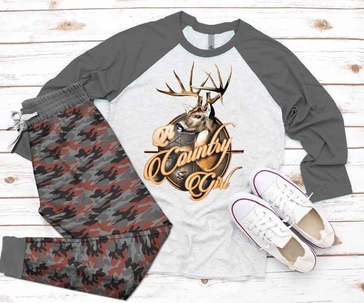 Deer Hunting Country Girl Gi Grey High Quality Pajama Set |Sleepwear Pjs Sets | Raglan Shirt Pants Set
