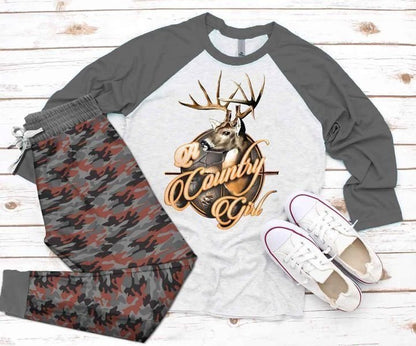 Deer Hunting Country Girl Gi Grey High Quality Pajama Set |Sleepwear Pjs Sets | Raglan Shirt Pants Set