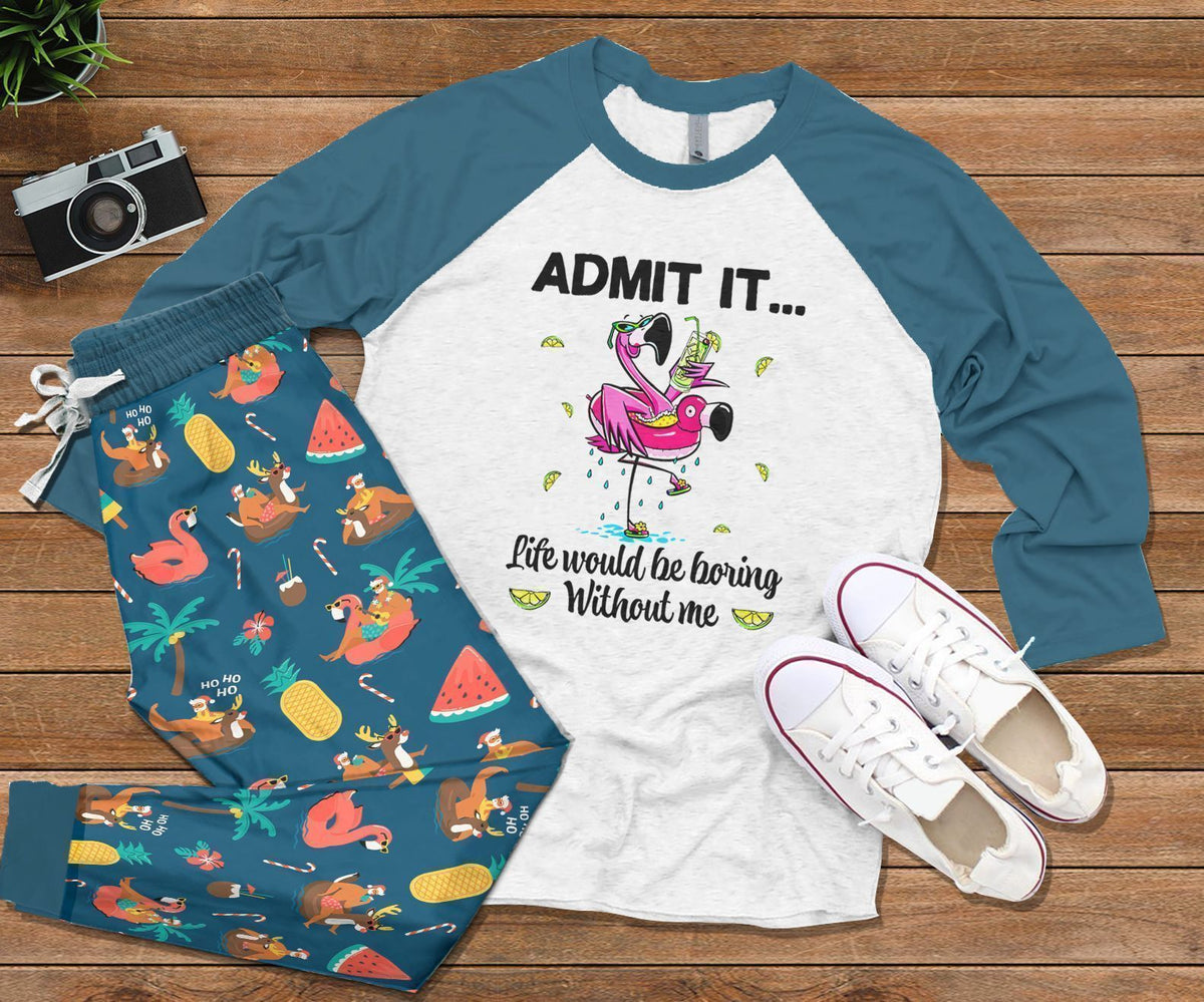 Flamingo Blue High Quality Pajama Set |Sleepwear Pjs Sets | Raglan Shirt Pants Set