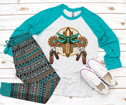 Dragonfly Turquoise Awesome Pajama Set |Sleepwear Pjs Sets | Raglan Shirt Pants Set