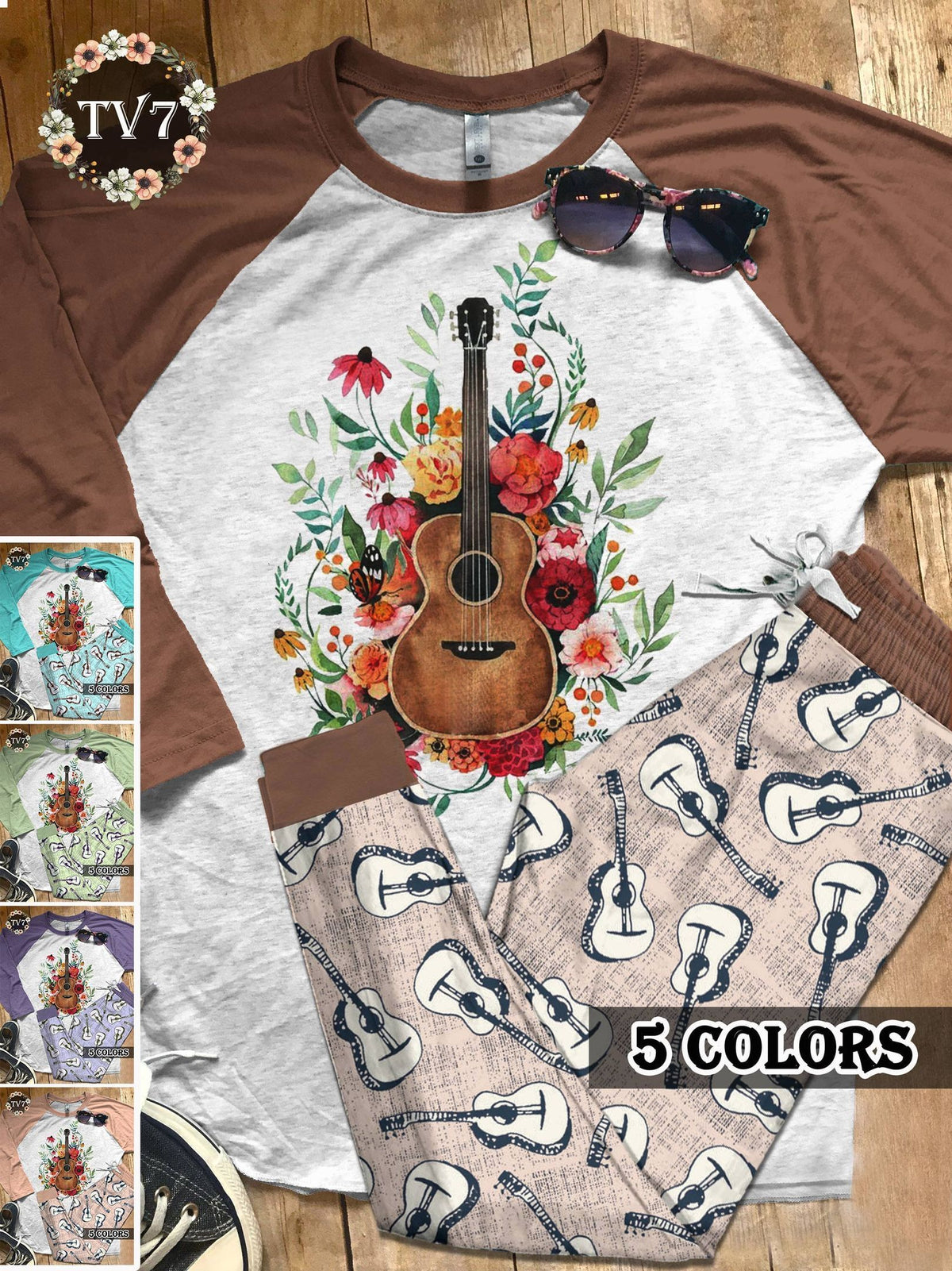 Guitar Set Guitar Love Colors Pajama Set |Sleepwear Pjs Sets | Raglan Shirt Pants Set