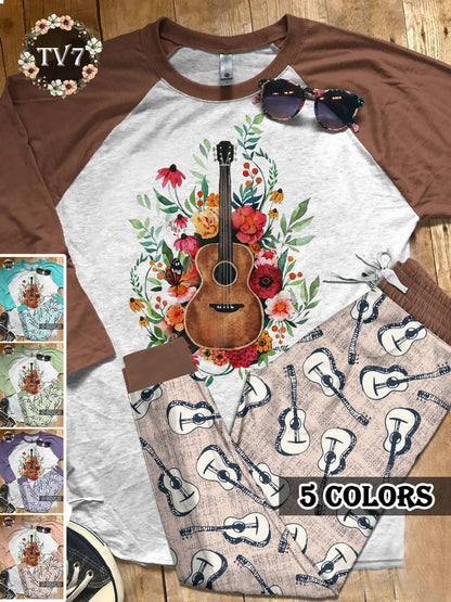 Guitar Set Guitar Love Colors Pajama Set |Sleepwear Pjs Sets | Raglan Shirt Pants Set