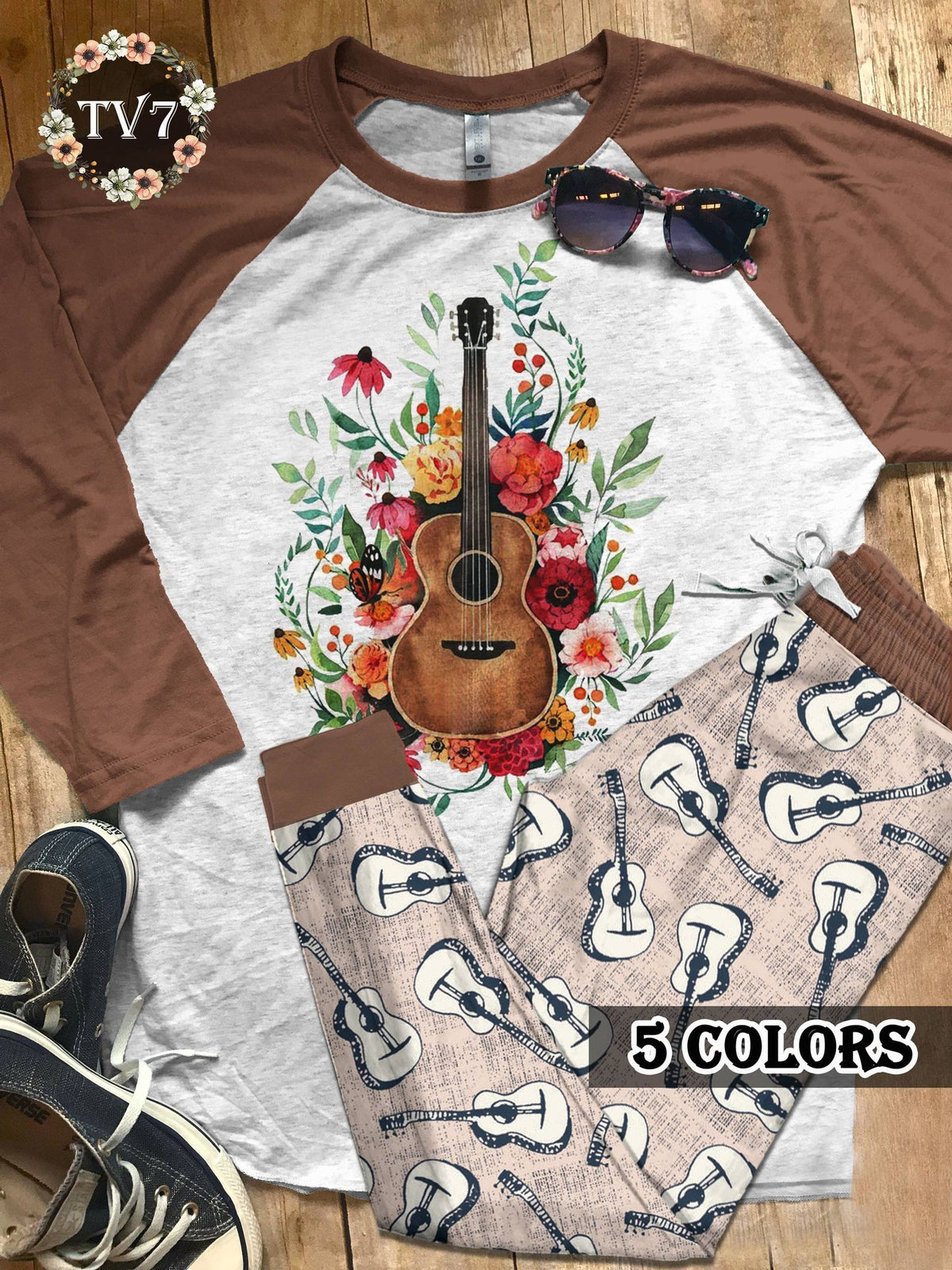 Guitar Set Guitar Love Colors Pajama Set |Sleepwear Pjs Sets | Raglan Shirt Pants Set