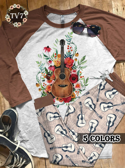 Guitar Set Guitar Love Colors Pajama Set |Sleepwear Pjs Sets | Raglan Shirt Pants Set