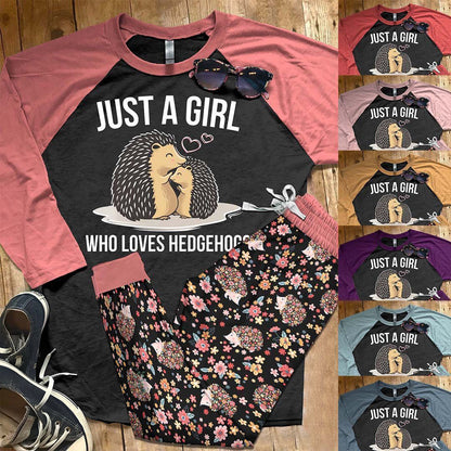 Hedgehog Set Just A Girl Who Loves Hedgehogs Pajama Set |Sleepwear Pjs Sets | Raglan Shirt Pants Set