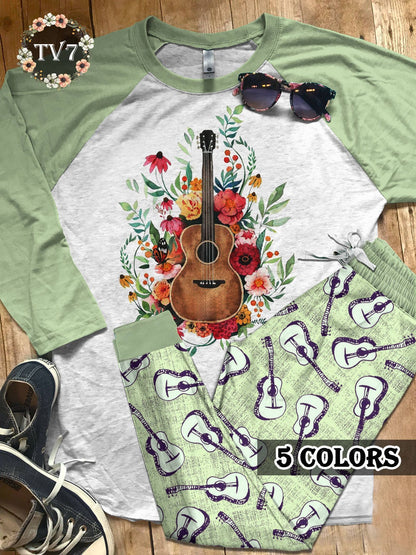 Guitar Set Guitar Love Colors Pajama Set |Sleepwear Pjs Sets | Raglan Shirt Pants Set