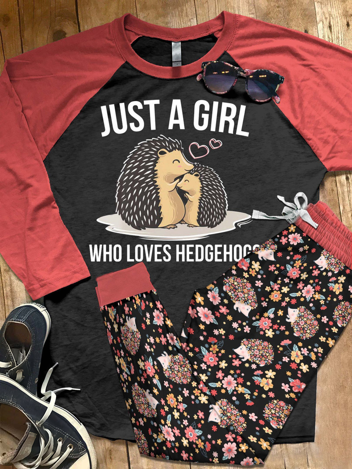 Hedgehog Set Just A Girl Who Loves Hedgehogs Pajama Set |Sleepwear Pjs Sets | Raglan Shirt Pants Set