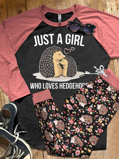 Hedgehog Set Just A Girl Who Loves Hedgehogs Pajama Set |Sleepwear Pjs Sets | Raglan Shirt Pants Set