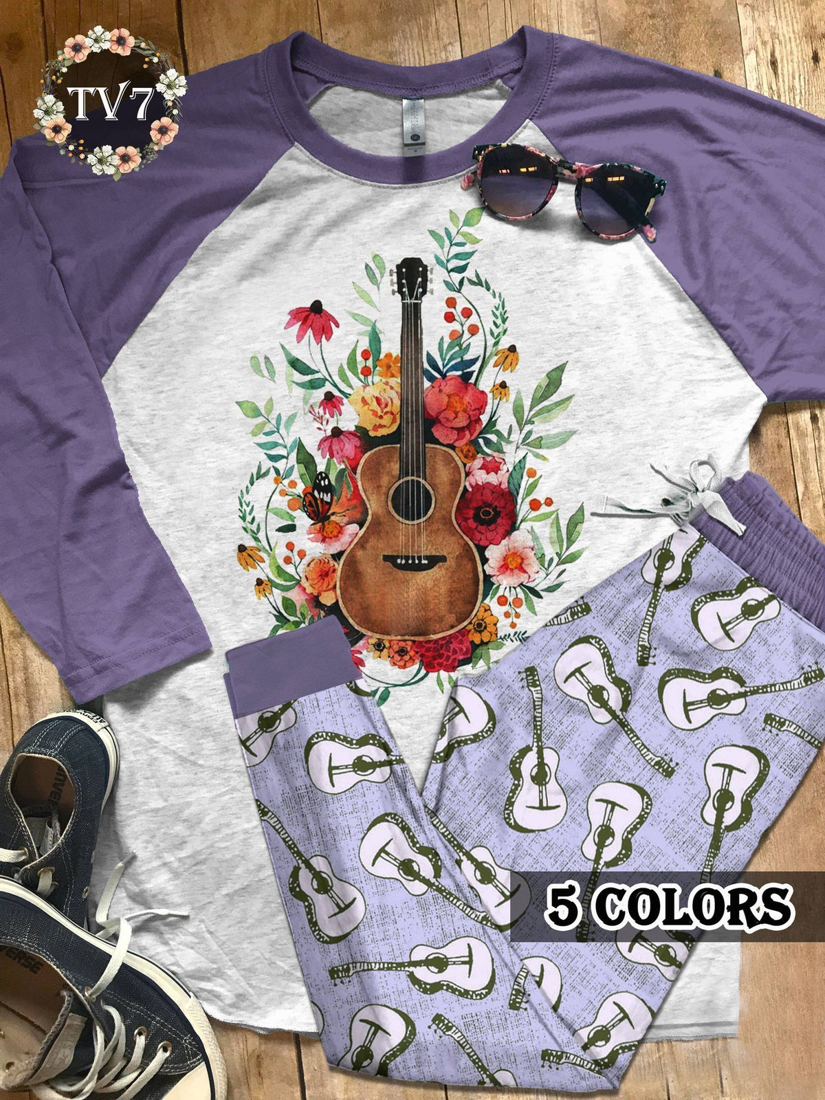 Guitar Set Guitar Love Colors Pajama Set |Sleepwear Pjs Sets | Raglan Shirt Pants Set