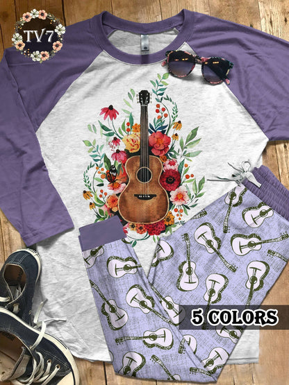 Guitar Set Guitar Love Colors Pajama Set |Sleepwear Pjs Sets | Raglan Shirt Pants Set
