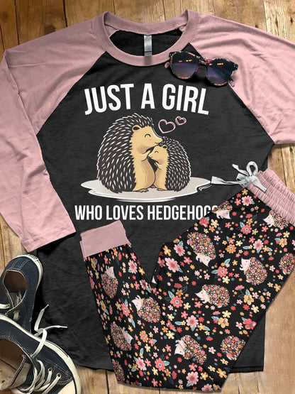 Hedgehog Set Just A Girl Who Loves Hedgehogs Pajama Set |Sleepwear Pjs Sets | Raglan Shirt Pants Set