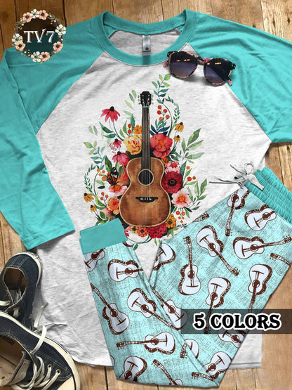 Guitar Set Guitar Love Colors Pajama Set |Sleepwear Pjs Sets | Raglan Shirt Pants Set