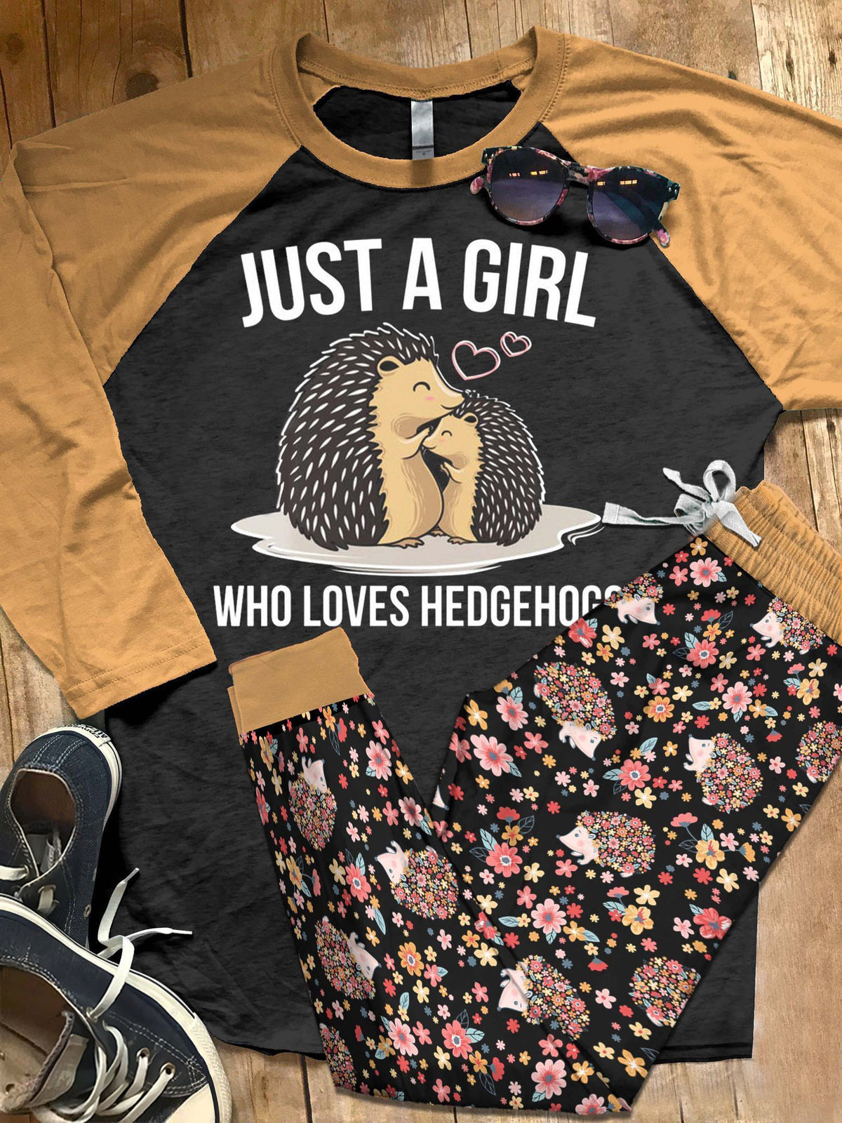 Hedgehog Set Just A Girl Who Loves Hedgehogs Pajama Set |Sleepwear Pjs Sets | Raglan Shirt Pants Set