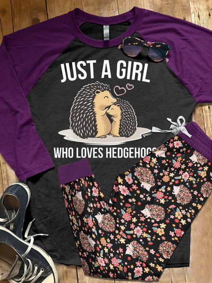 Hedgehog Set Just A Girl Who Loves Hedgehogs Pajama Set |Sleepwear Pjs Sets | Raglan Shirt Pants Set