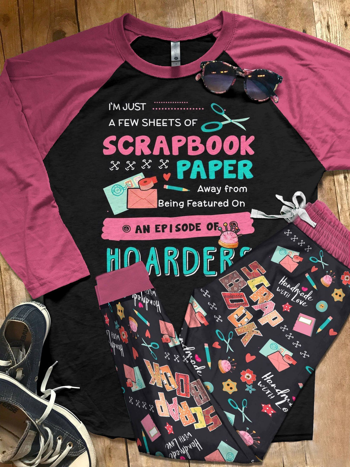 Scrapbook Purple High Quality Pajama Set |Sleepwear Pjs Sets | Raglan Shirt Pants Set