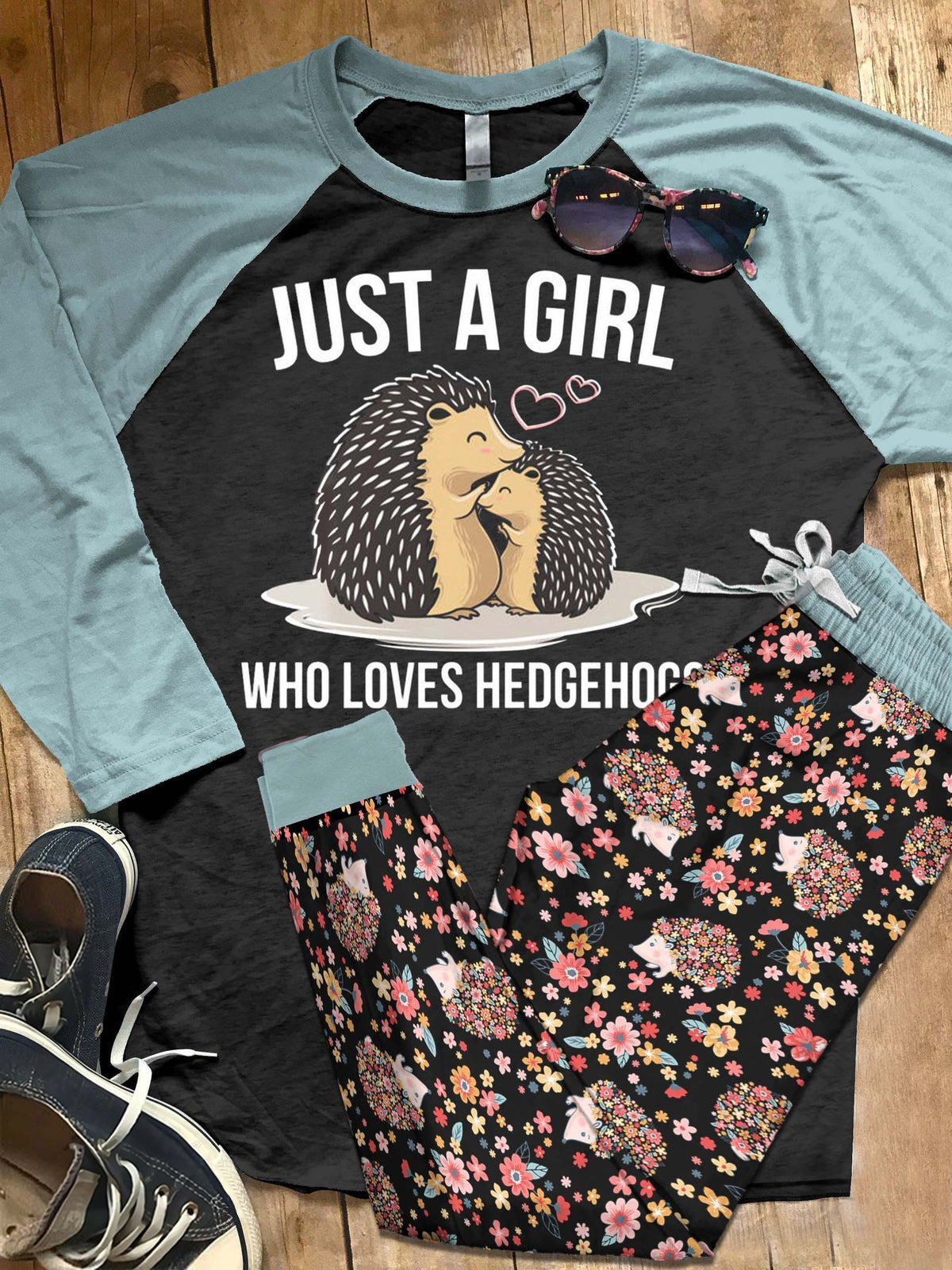 Hedgehog Set Just A Girl Who Loves Hedgehogs Pajama Set |Sleepwear Pjs Sets | Raglan Shirt Pants Set