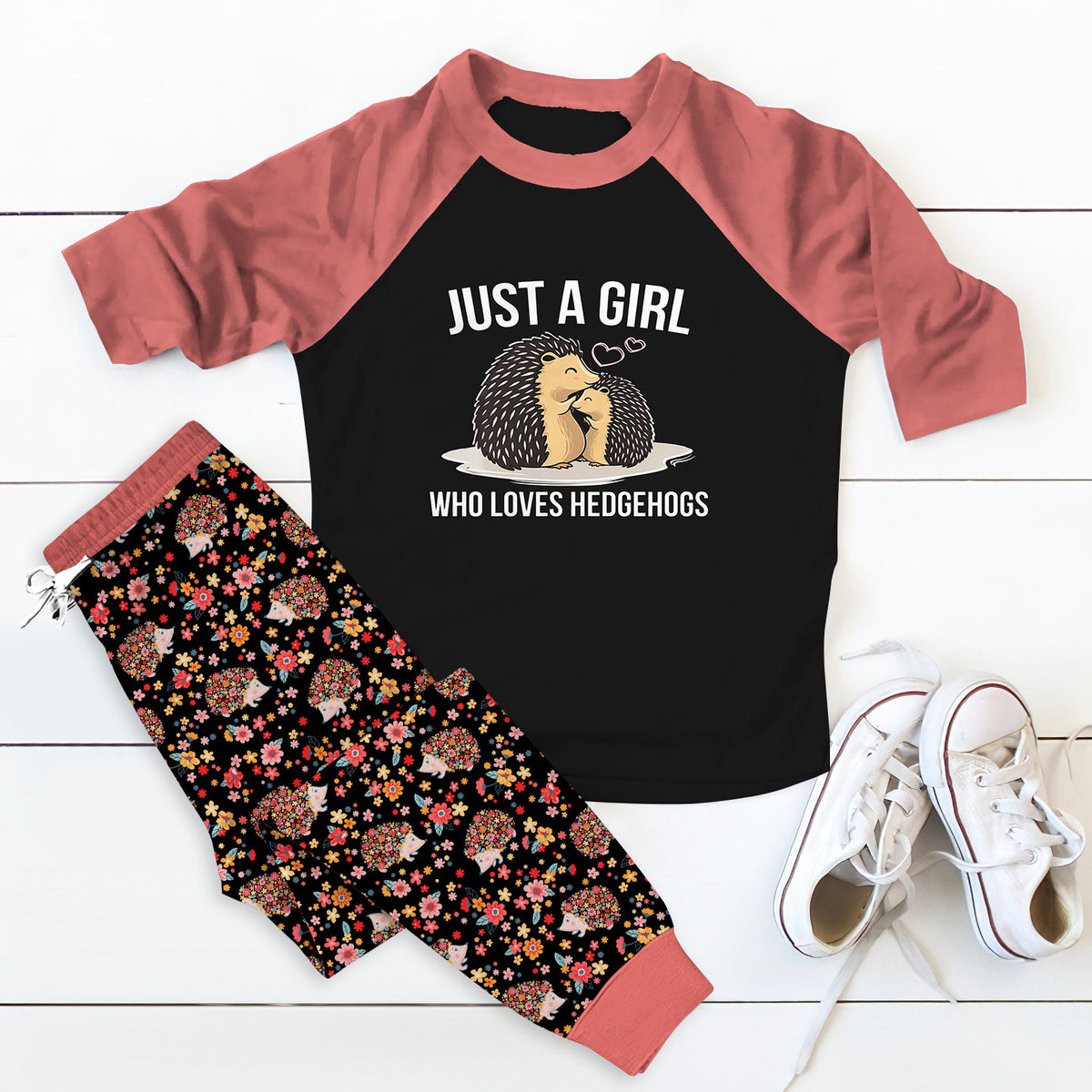 Hedgehog Set Just A Girl Who Loves Hedgehogs Pajama Set |Sleepwear Pjs Sets | Raglan Shirt Pants Set
