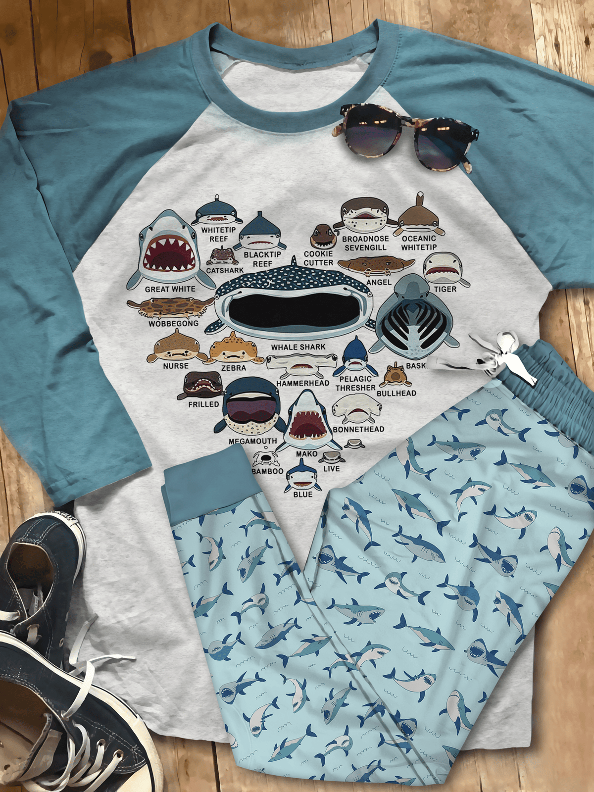 Shark Lovers Pajama Set |Sleepwear Pjs Sets | Raglan Shirt Pants Set