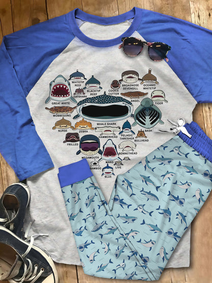 Shark Lovers Pajama Set |Sleepwear Pjs Sets | Raglan Shirt Pants Set