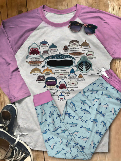 Shark Lovers Pajama Set |Sleepwear Pjs Sets | Raglan Shirt Pants Set