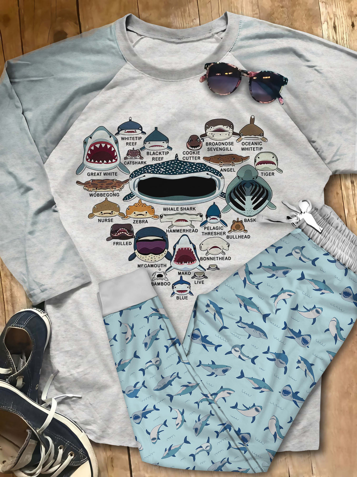 Shark Lovers Pajama Set |Sleepwear Pjs Sets | Raglan Shirt Pants Set