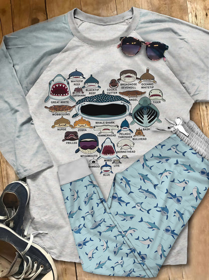 Shark Lovers Pajama Set |Sleepwear Pjs Sets | Raglan Shirt Pants Set