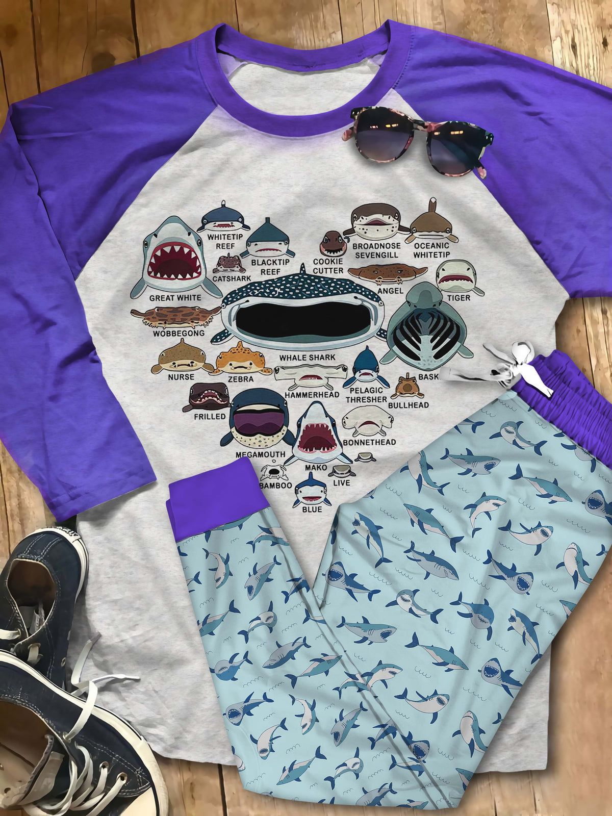 Shark Lovers Pajama Set |Sleepwear Pjs Sets | Raglan Shirt Pants Set