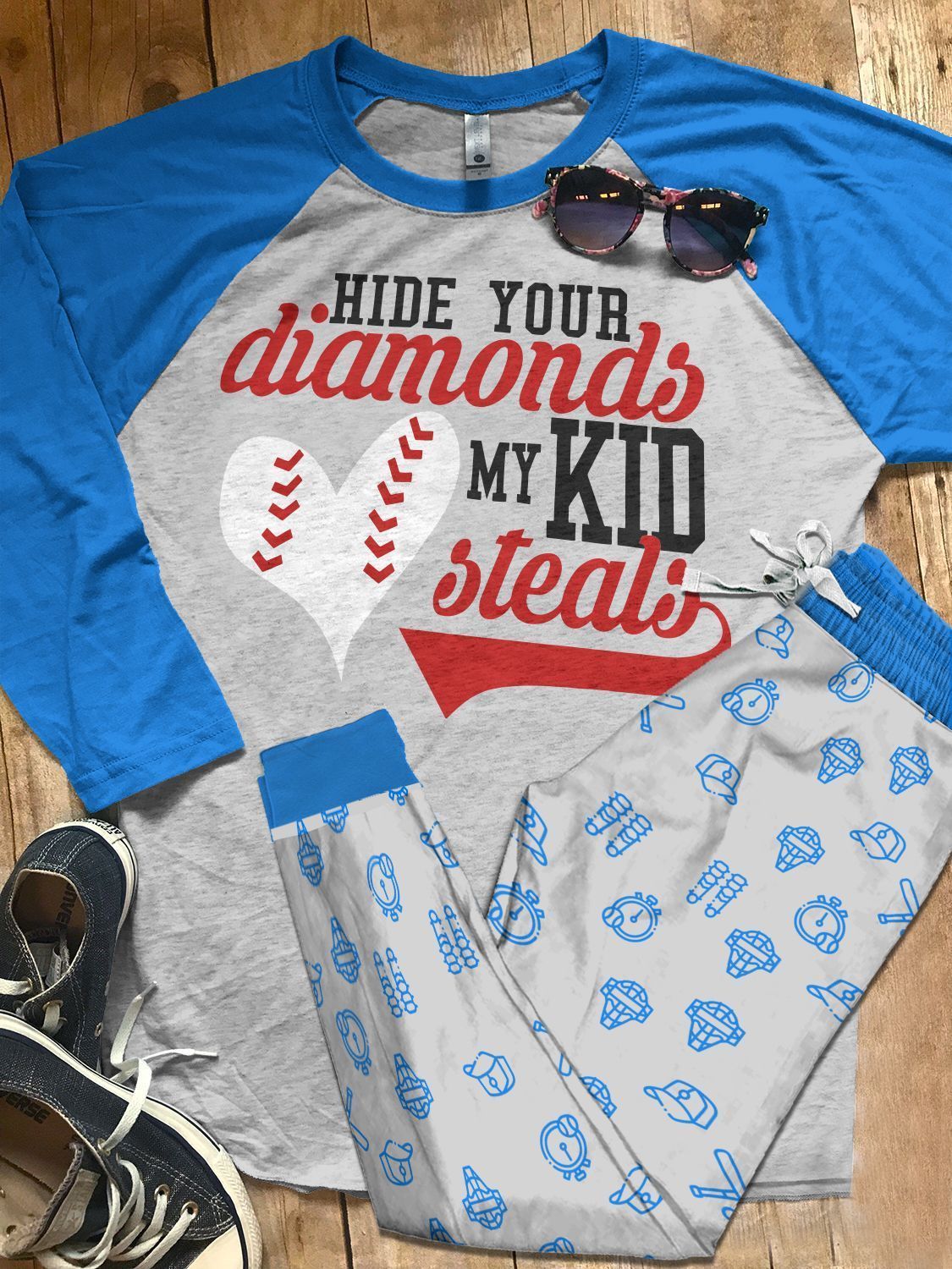 Baseball Blue Awesome Pajama Set |Sleepwear Pjs Sets | Raglan Shirt Pants Set