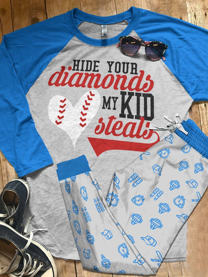 Baseball Blue Awesome Pajama Set |Sleepwear Pjs Sets | Raglan Shirt Pants Set