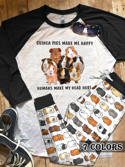 Guinea Pig Guinea Pigs Make Me Happy Colors Pajama Set |Sleepwear Pjs Sets | Raglan Shirt Pants Set