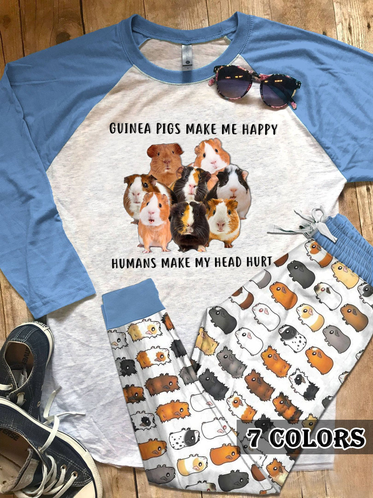 Guinea Pig Guinea Pigs Make Me Happy Colors Pajama Set |Sleepwear Pjs Sets | Raglan Shirt Pants Set