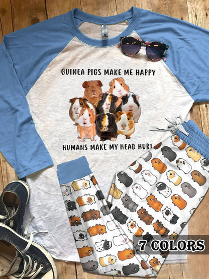 Guinea Pig Guinea Pigs Make Me Happy Colors Pajama Set |Sleepwear Pjs Sets | Raglan Shirt Pants Set