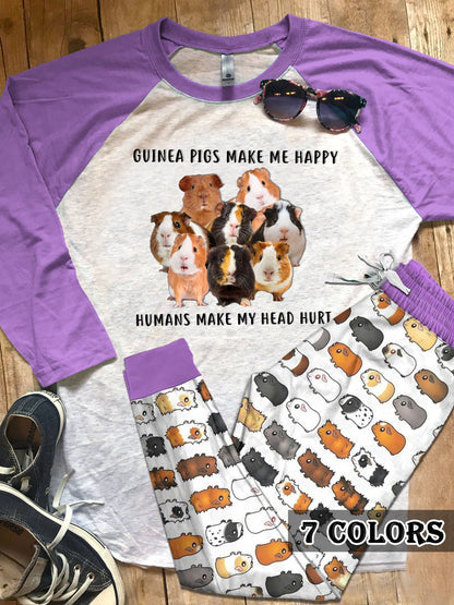 Guinea Pig Guinea Pigs Make Me Happy Colors Pajama Set |Sleepwear Pjs Sets | Raglan Shirt Pants Set