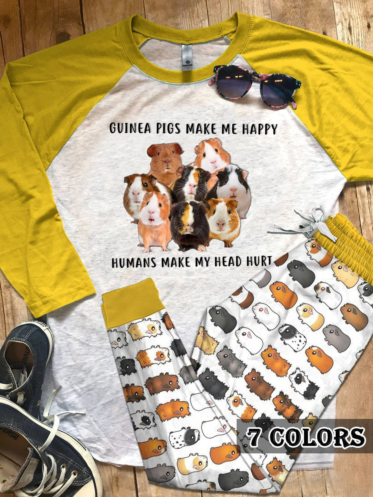 Guinea Pig Guinea Pigs Make Me Happy Colors Pajama Set |Sleepwear Pjs Sets | Raglan Shirt Pants Set