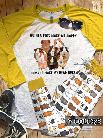 Guinea Pig Guinea Pigs Make Me Happy Colors Pajama Set |Sleepwear Pjs Sets | Raglan Shirt Pants Set